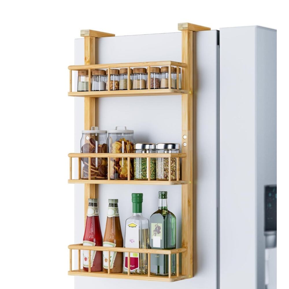 Hanging Spice Rack 3 Tier Bamboo Kitchen Counter Shelf Storage, Adhesive